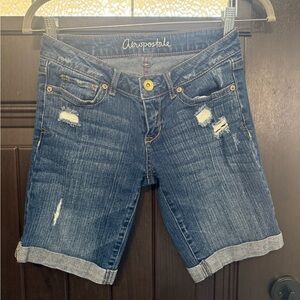 Y2K 2000s Aeropostale Dark Blue Distressed Denim Bermuda Shorts - size 0
